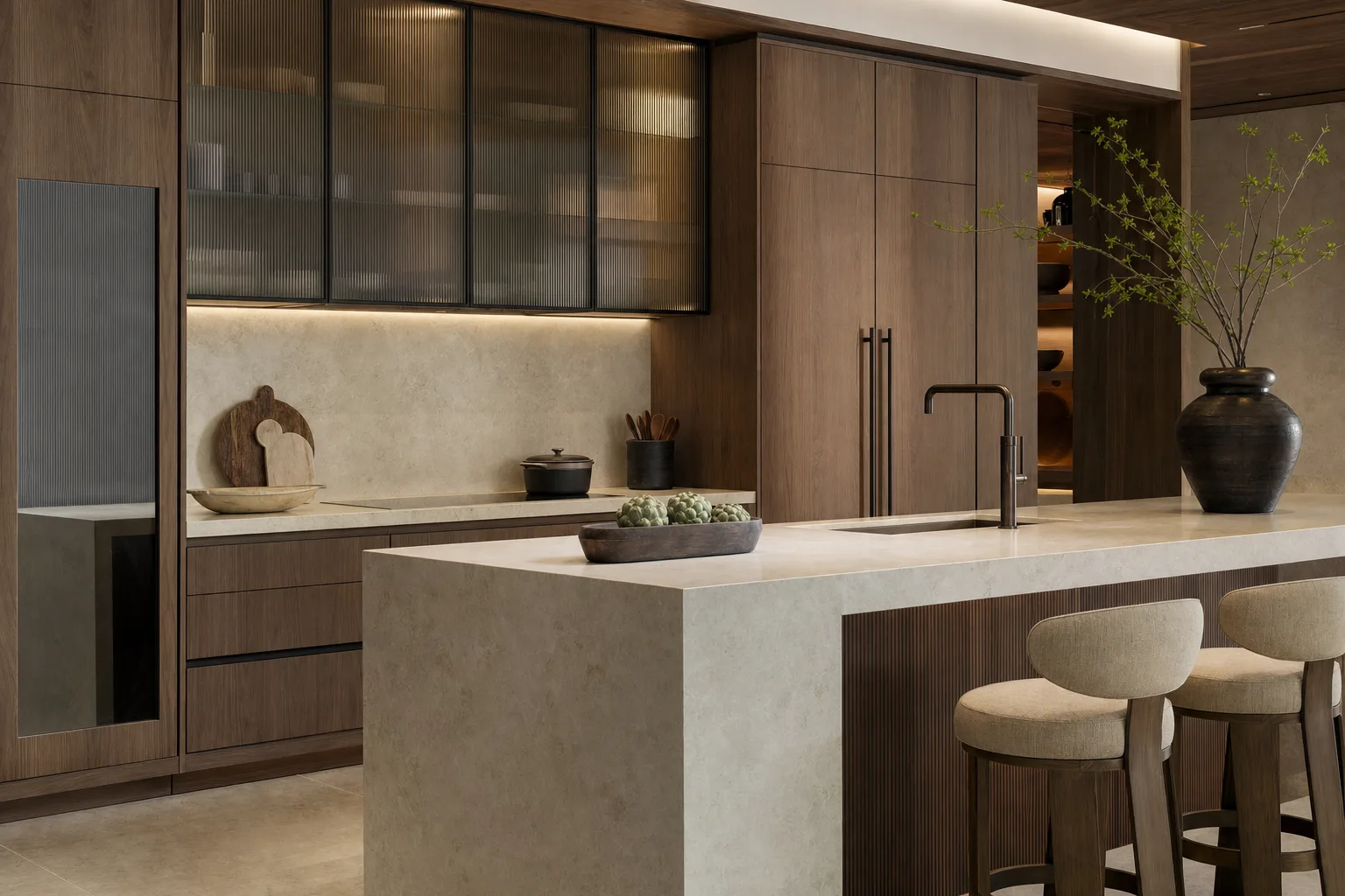 Kitchen set custom modern dengan kabinet kayu dan island batu hasil pengerjaan Omah Kitchen